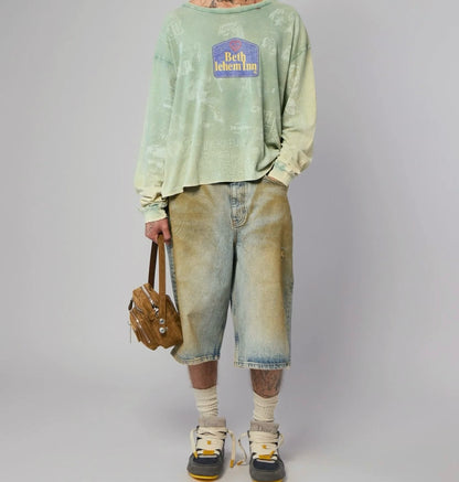 Paly Hollywood Bethlehem Inn Graffiti Long Sleeve Tee Washed Mint Green Vintage Distressed Streetwear | Mint Grunge