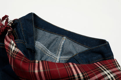 Women's Red Plaid Triangle Patchwork Waist Z American Flag Embroidery Balloon Wide Leg Denim Jeans High Waist Y2K Streetwear Baggy Jean Pants