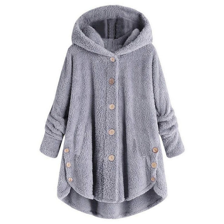 Qeaghou Dicke Wintermäntel für Damen, lässig, süß, Sherpa-Mäntel, flauschiger Fleece, warme Mäntel, Button-Down, langärmeliger Kapuzenmantel