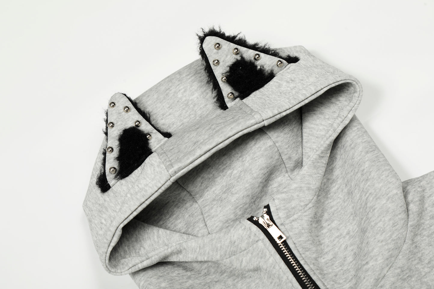 Cat Rivet 3D Cat Ear Rivet Zip Up Hoodie Oversized Streetwear Y2K Egirl Grunge Fleece Lined Sweatshirt | Cat Rivet