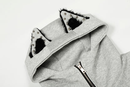 Cat Rivet 3D Cat Ear Rivet Zip Up Hoodie Oversized Streetwear Y2K Egirl Grunge Fleece Lined Sweatshirt | Cat Rivet