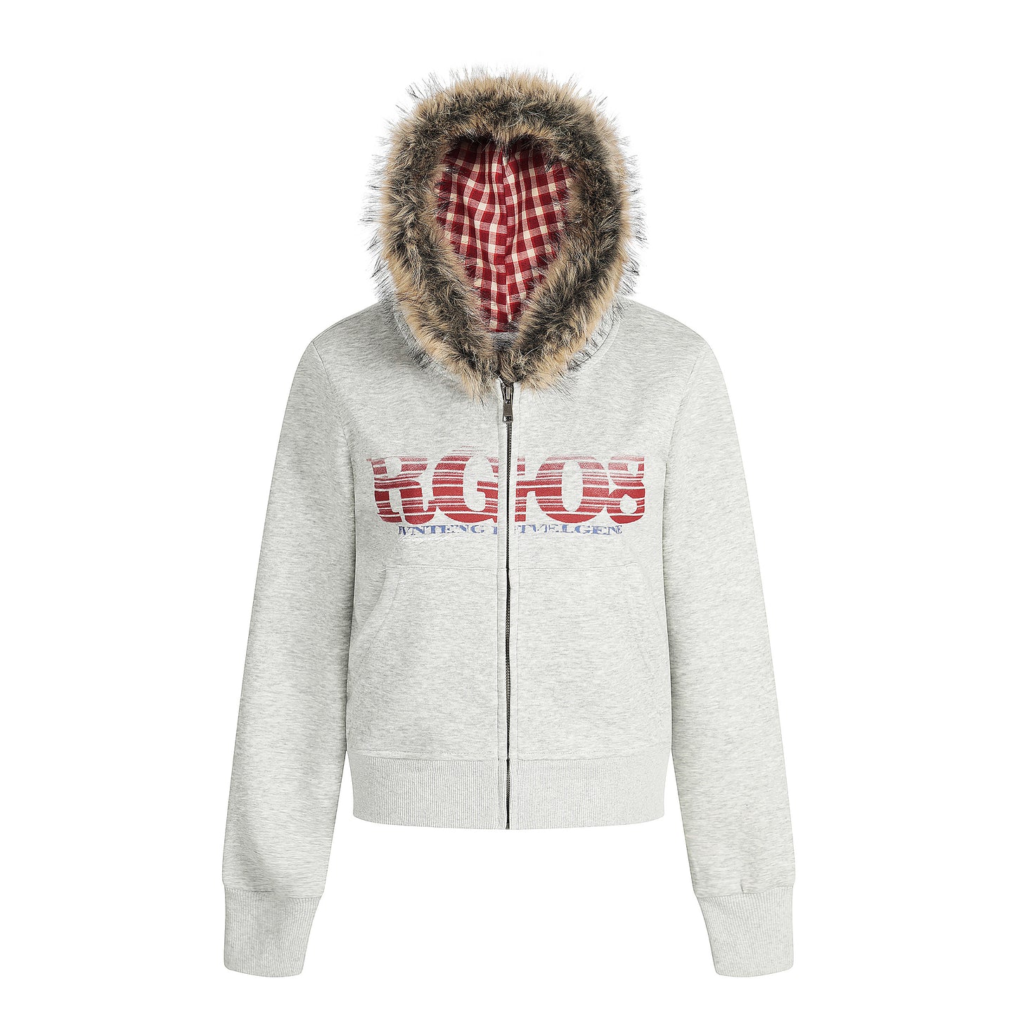 Women's RGIOS Plaid Lined Faux Fur Hood Zip Cropped Hoodie - Black Front View 2