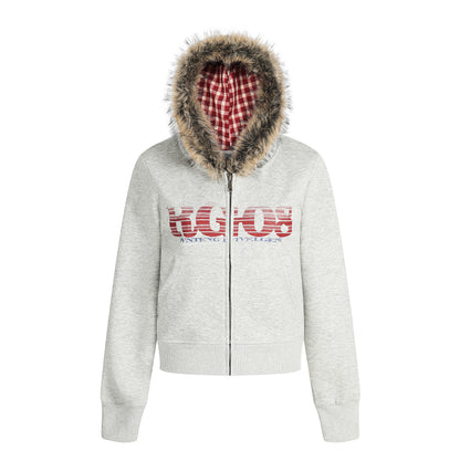 Women's RGIOS Plaid Lined Faux Fur Trim Hood Full Zip Cropped Hoodie Sweatshirt Long Sleeve Y2K Streetwear Jacket