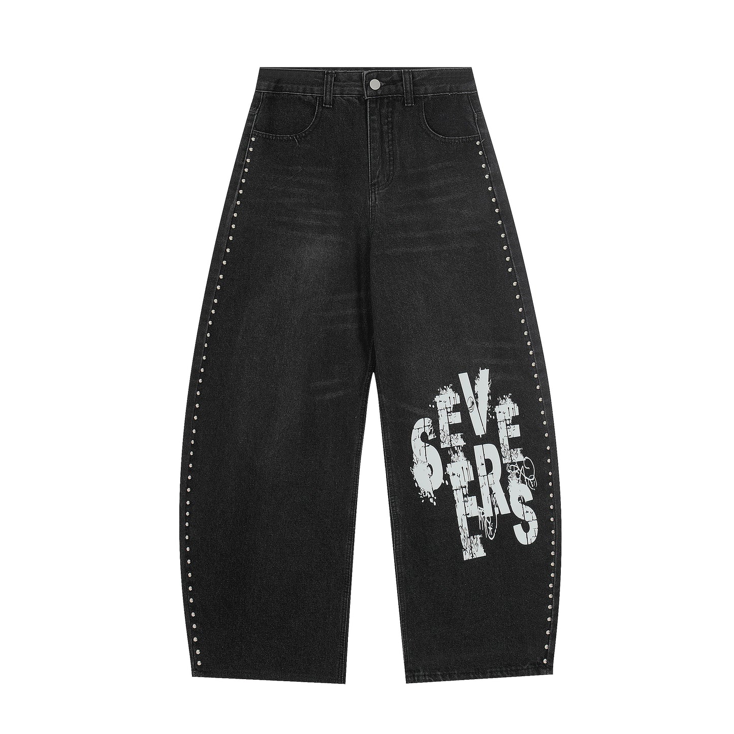Severs Graffiti Rivet Side Seam Wide Leg Jeans - Black Front