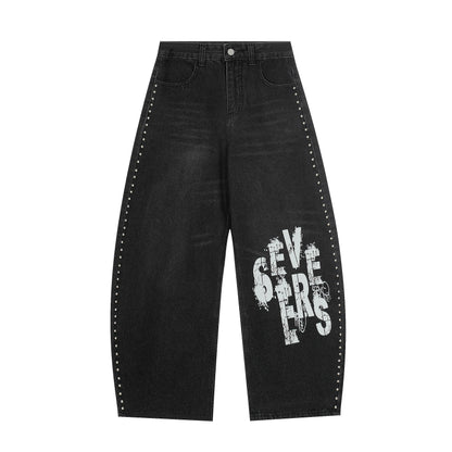 Severs Graffiti Letter Print Rivet Side Seam Wide Leg Barrel Jeans High Waist Washed Y2K Streetwear