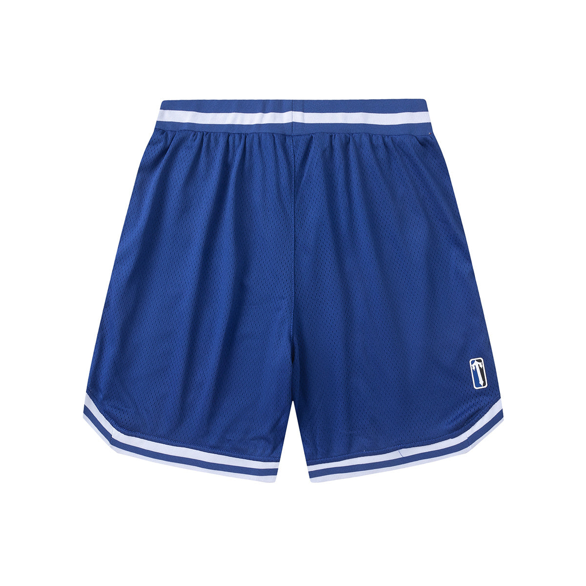 Blue graphic mesh basketball shorts with striped waistband and hem trim - view 7