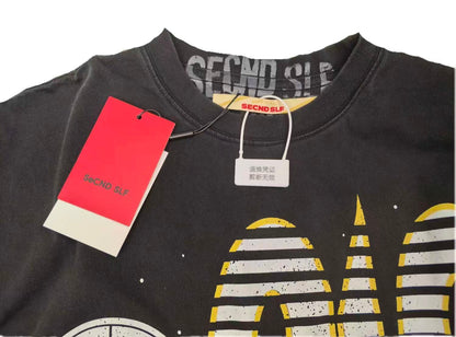SECND SLF 25 Target Stripe Distressed Short Sleeve Tee Washed Black Boxy Heavy Ink Splash Post-Apocalyptic Streetwear | Target 25 Tee