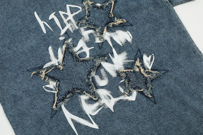 Distressed Star Patch Graffiti Washed Denim Tee Oversized Short Sleeve Hip Hop Streetwear Y2K Vintage Graphic T-Shirt | Star Grunge