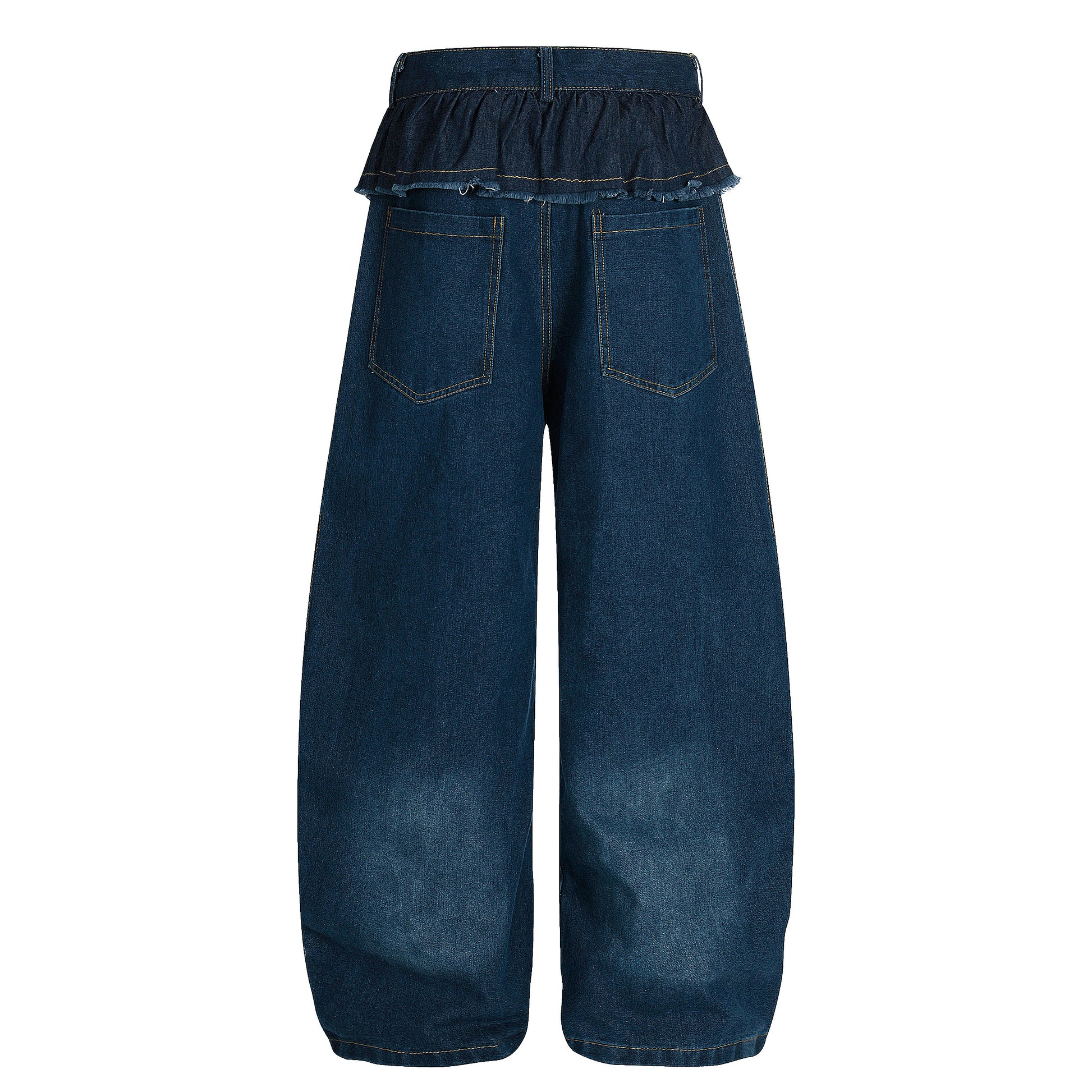 Women's Ruffle Fold-Over Waist Heart Charm Balloon Wide Leg Denim Jeans - Blue Side View
