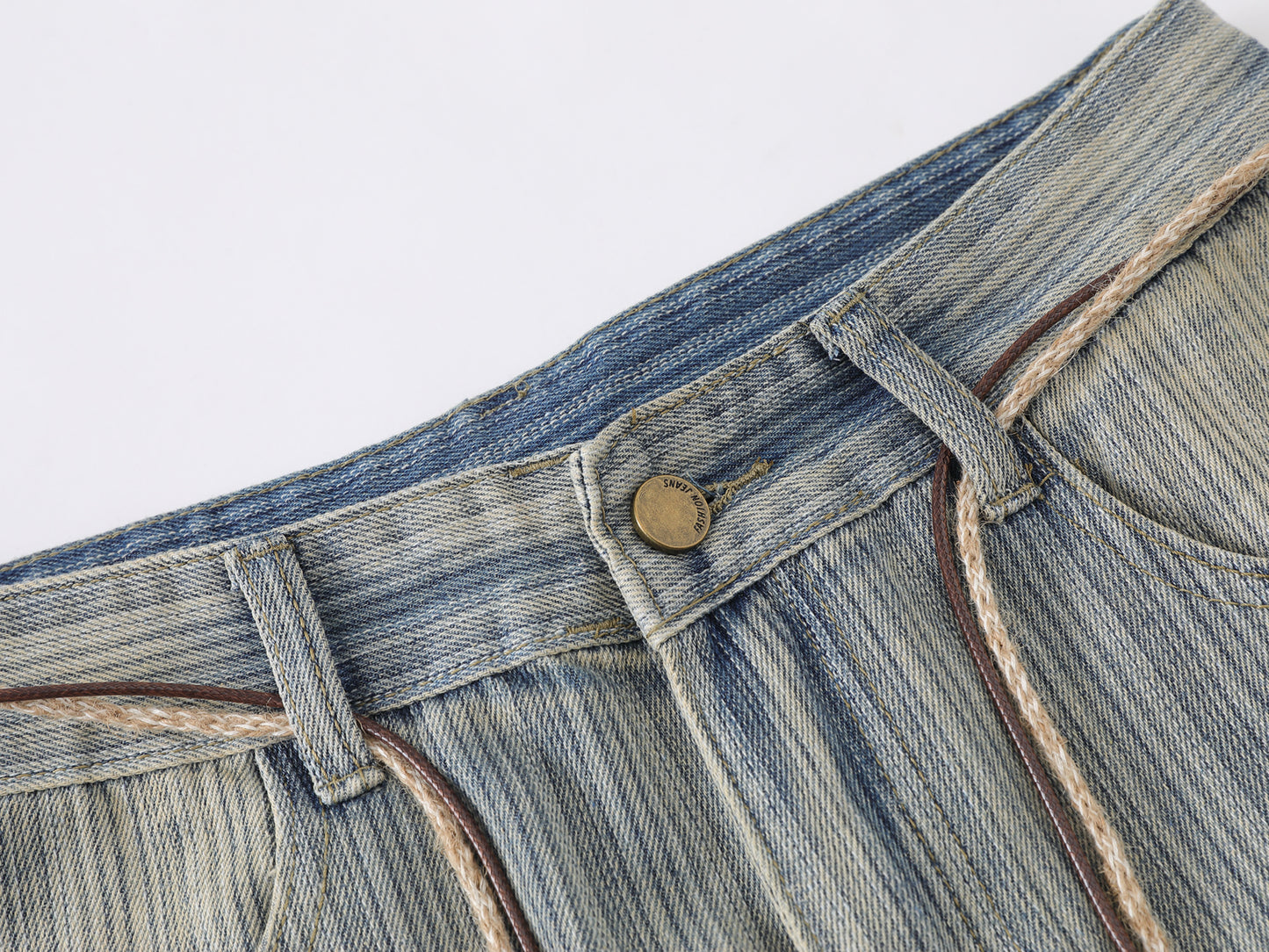 Stripe Texture Balloon Wide Leg Jeans Braided Rope Belt Wooden Bead High Waist Baggy Denim Pants Vintage Streetwear Trousers | Bead Rope