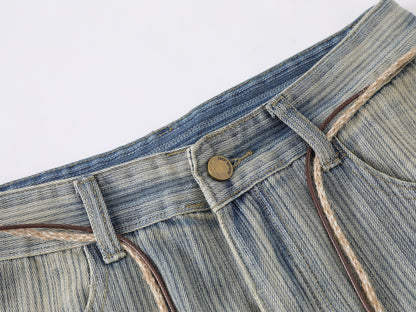Stripe Texture Balloon Wide Leg Jeans Braided Rope Belt Wooden Bead High Waist Baggy Denim Pants Vintage Streetwear Trousers | Bead Rope