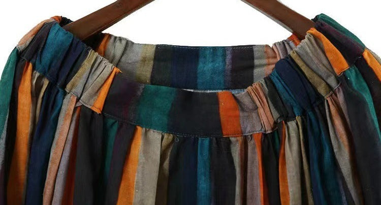 New style cotton and linen all-matching A-line skirt loose literary stripe printing medium-long pleated skirt for women