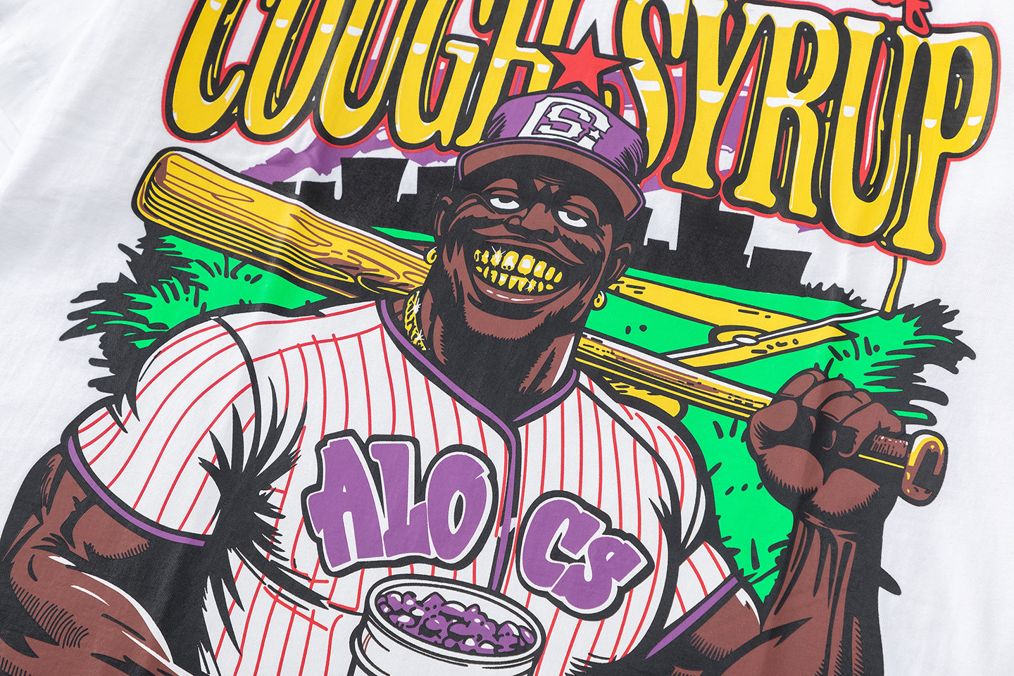 White oversized graphic T-shirt with colorful cough syrup and baseball player front print - view 7