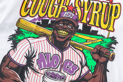 Unisex Oversized Graphic T-Shirt, Cough Syrup Baseball Print Streetwear Tee