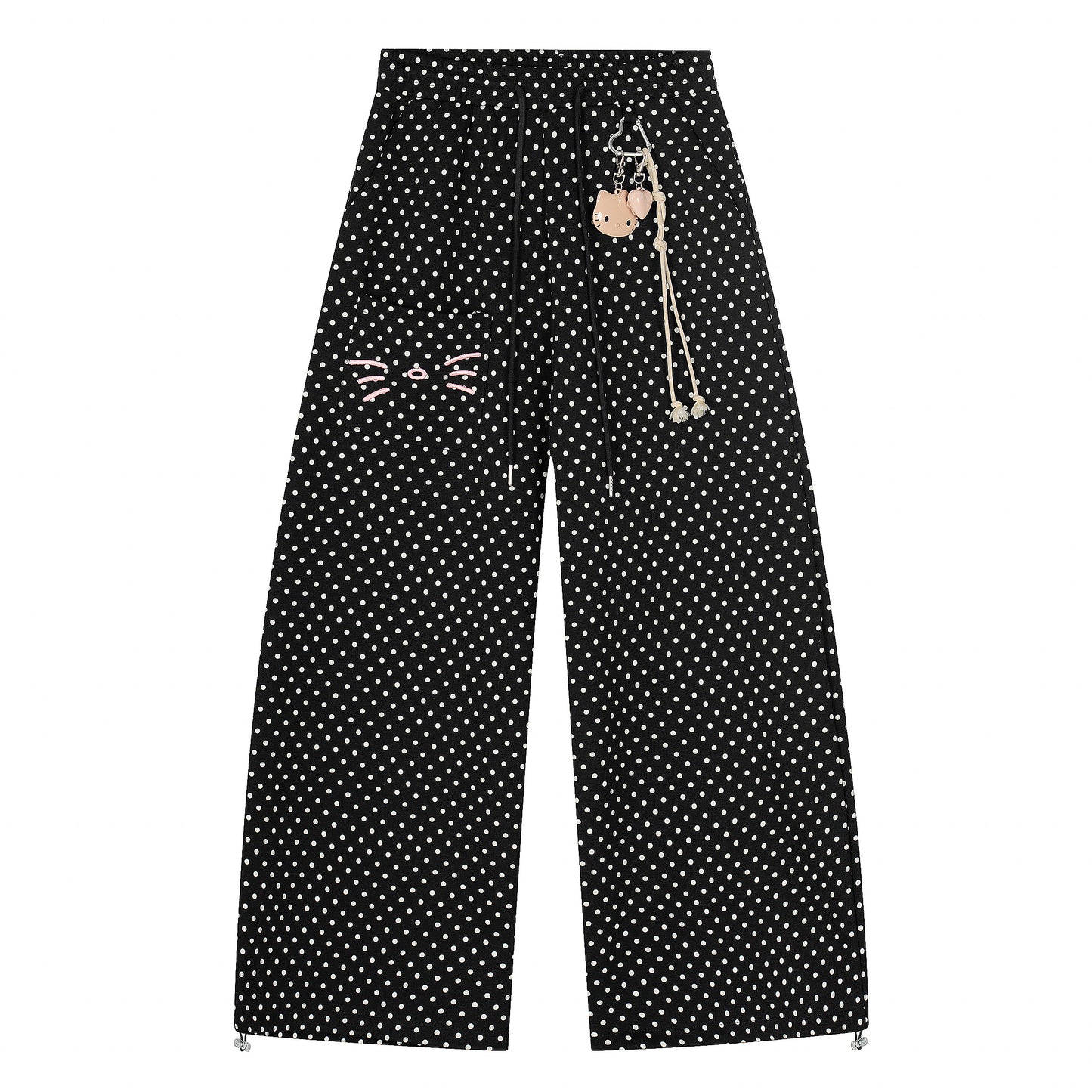 Polka Dot Cat Whisker Wide Leg Pants - Black Plain Front