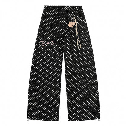 Polka Dot Cat Whisker Embroidery Metal Charm Wide Leg Pants Drawstring Ankle Toggle Y2K Harajuku