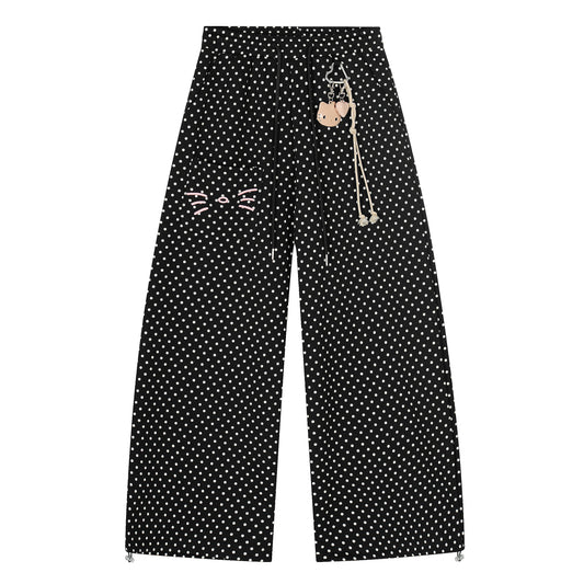 Polka Dot Cat Whisker Wide Leg Pants - Black Plain Front