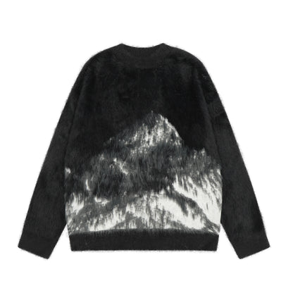Mountain Jacquard Fuzzy Knit Sweater Oversized Mohair Feel Crewneck Streetwear Y2K Winter Pullover | Snow Peak