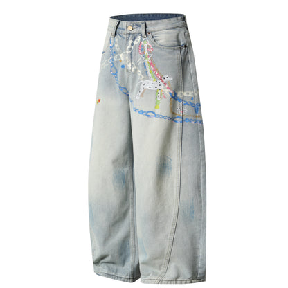 Graphic Chain Print Wide Leg Baggy Jeans Washed Denim High Waist Streetwear Y2K Casual Pants