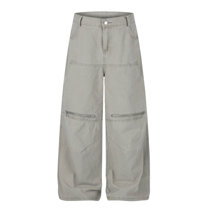 Zip Block Washed Wide Leg Cargo Pants High Waist Streetwear Y2K Vintage Knee Zip Patchwork Trousers | Zip Block