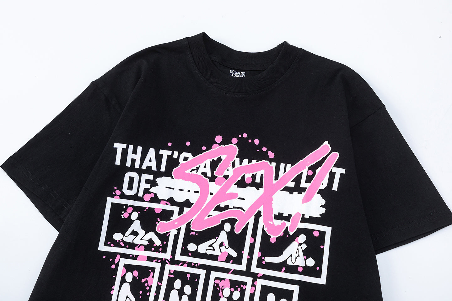 Black unisex graphic T-shirt with bold pink and white front and back prints - view 7