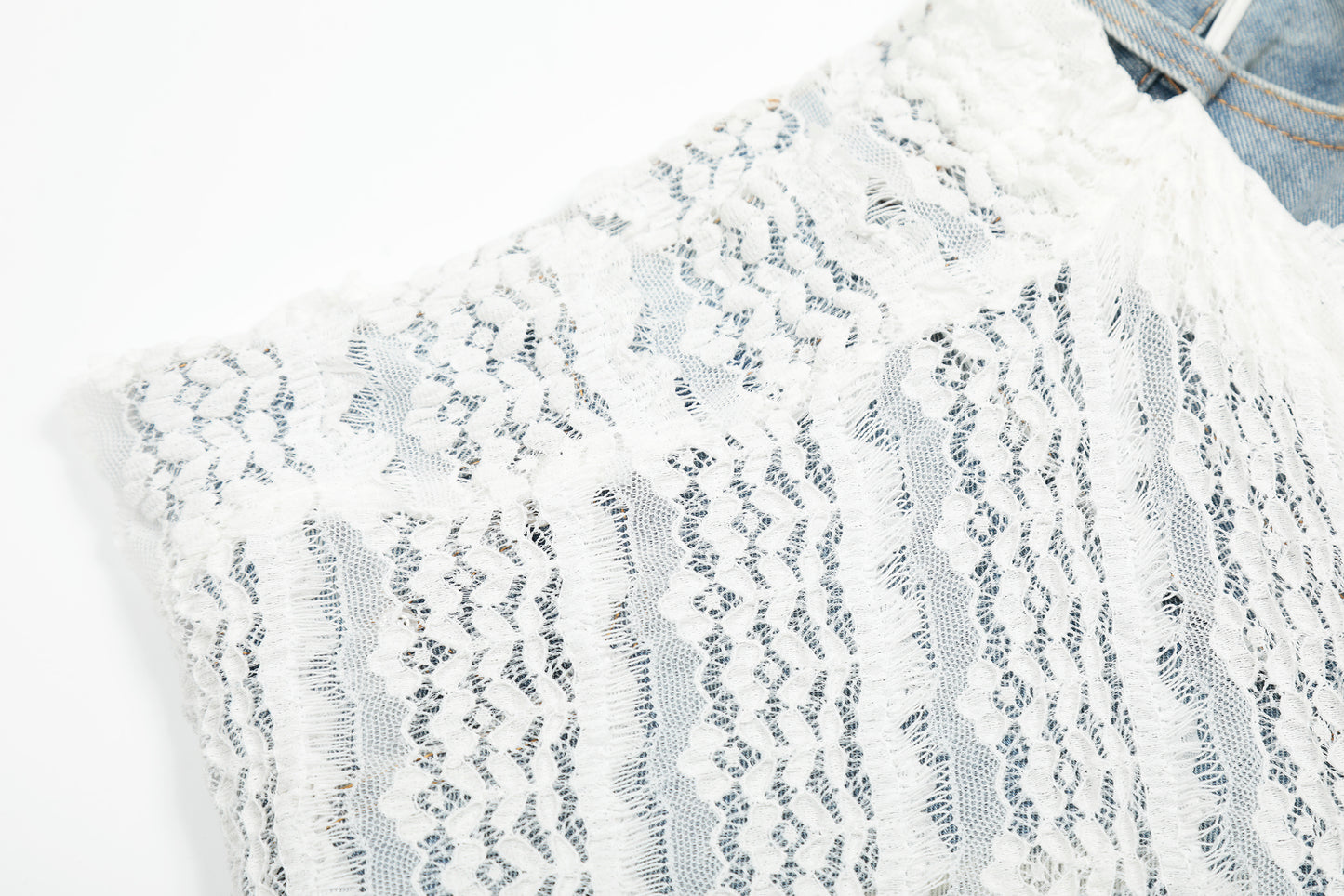 White Lace Crochet Patchwork Wide Leg Jeans Asymmetric Tie Waist Light Wash Denim Romantic Y2K