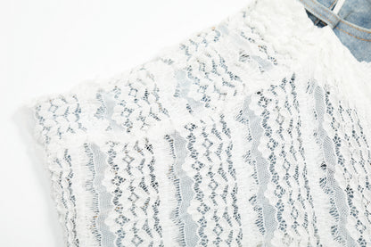 White Lace Crochet Patchwork Wide Leg Jeans Asymmetric Tie Waist Light Wash Denim Romantic Y2K