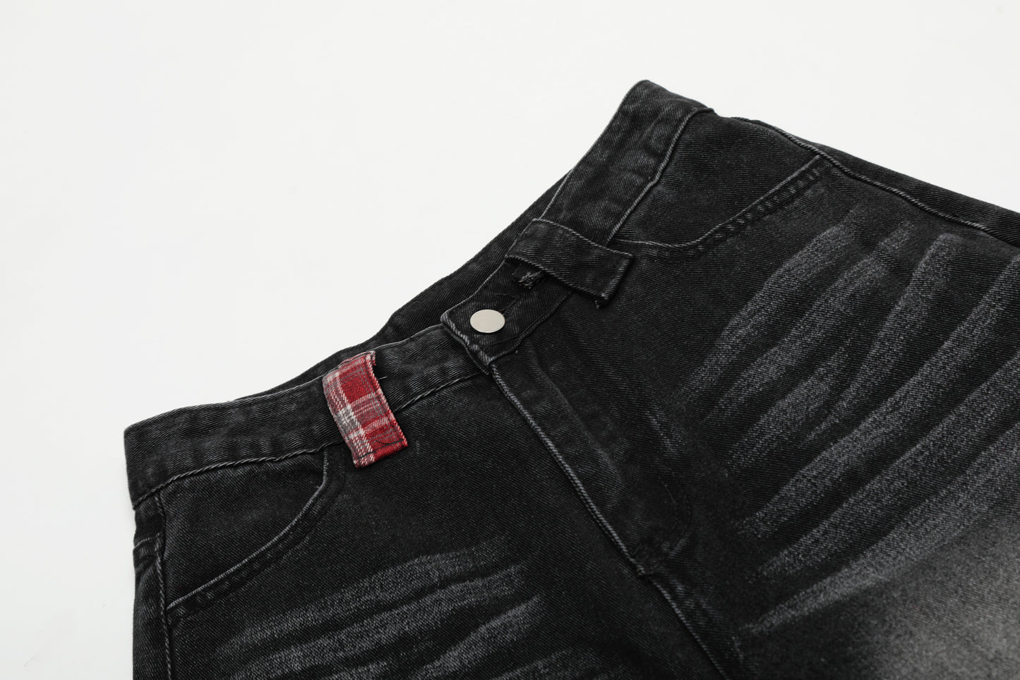 Red Plaid Patch Star Embroidery Wide Leg Jeans Washed Denim Patchwork Baggy Y2K Streetwear