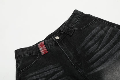 Red Plaid Patch Star Embroidery Wide Leg Jeans Washed Denim Patchwork Baggy Y2K Streetwear