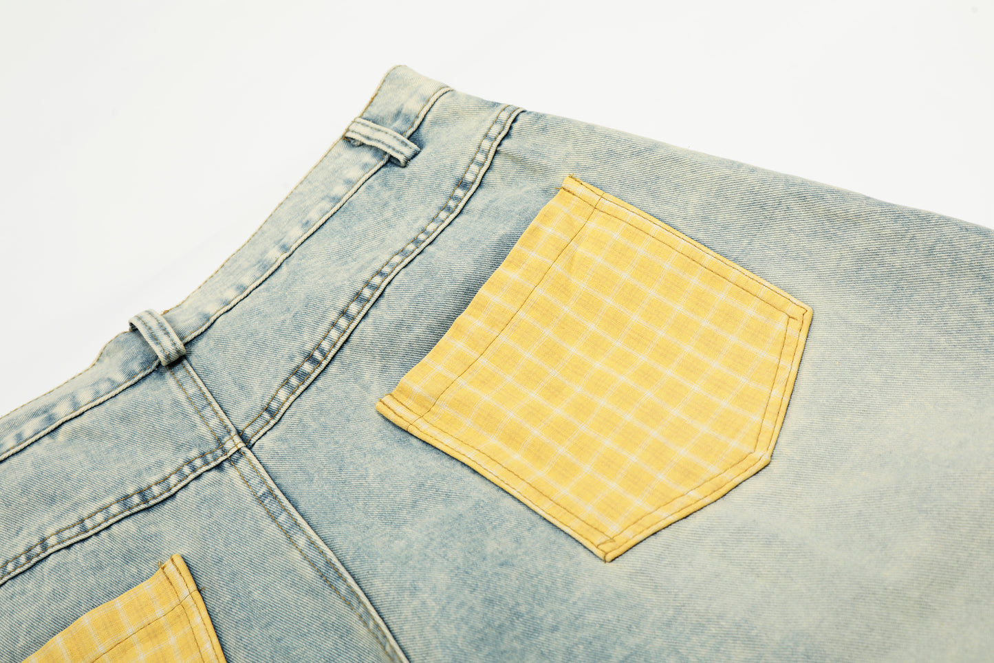 Yellow Plaid Patchwork Wide Leg Denim Jeans High Waist Washed Barrel Streetwear Y2K Casual Pants | Sunny Barrel