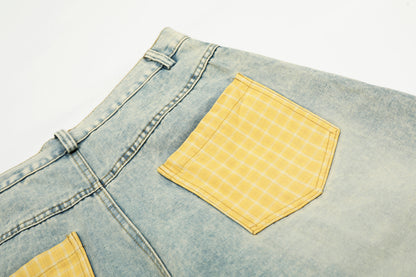 Yellow Plaid Patchwork Wide Leg Denim Jeans High Waist Washed Barrel Streetwear Y2K Casual Pants | Sunny Barrel