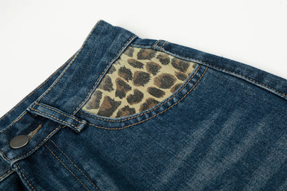 Leopard Patchwork Raw Edge Wide Leg Barrel Jeans Charm Pendant High Waist Washed Y2K Streetwear