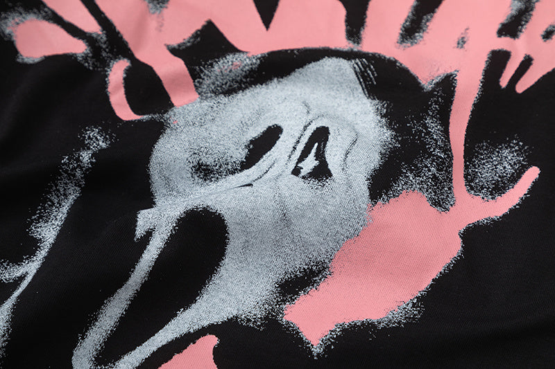 Black unisex graphic T-shirt with pink and white masked face print, crew neck, and short sleeves - view 7