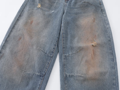 Mud Wash Distressed Barrel Wide Leg Jeans Earth Tone Fading Ripped Knee High Waist Baggy Denim Pants Vintage Streetwear Trousers | Mud Barrel