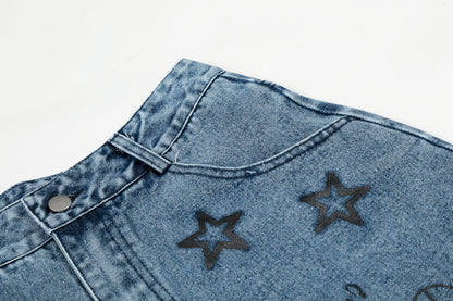 Hello Kitty Cross Star Graphic Wide Leg Denim Shorts High Waist Washed Y2K Streetwear Summer Shorts