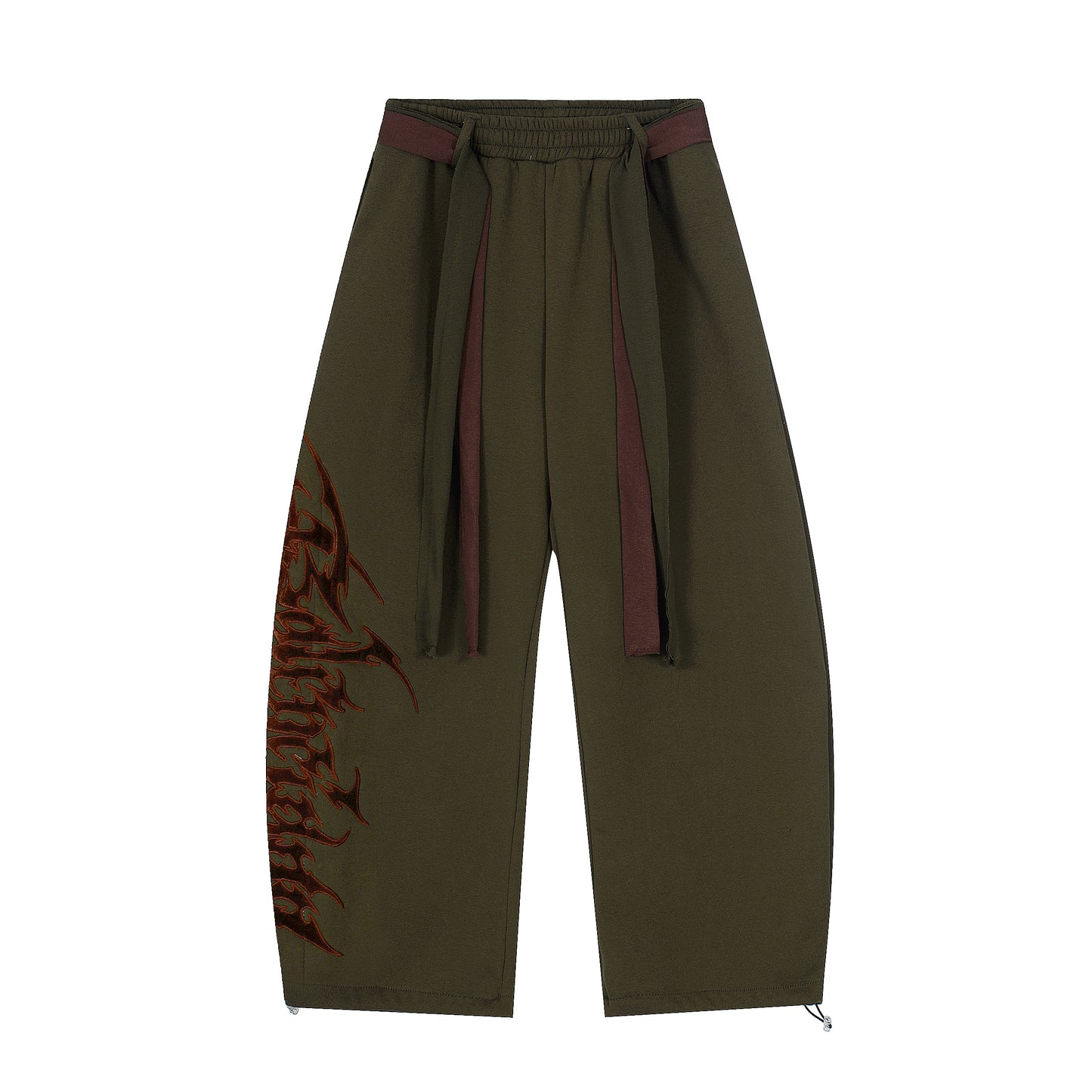 Gothic Flame Letter Print Wide Leg Pants - Army Green Front