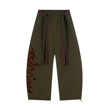 Gothic Flame Letter Print Contrast Waistband Wide Leg Barrel Pants Dual Strap Drawstring Ankle Y2K