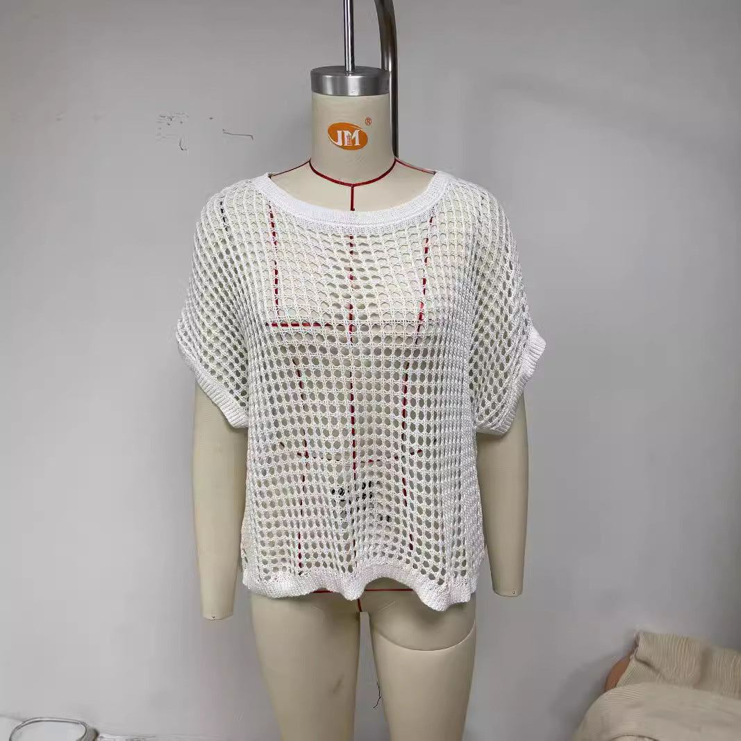 Dokotoo Damen Sommerpullover mit U-Ausschnitt, kurzärmelig, lässig, Häkel-Strickoberteil, Strand-Überzug