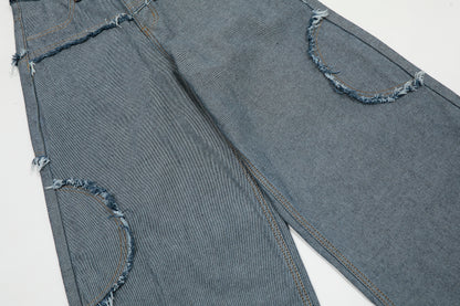 Dark Navy Waistband Raw Edge Arc Cutout Patchwork Baggy Wide Leg Jeans Deconstructed Y2K