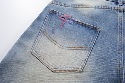 Light Blue Distressed Wide-Leg Cropped Denim Shorts