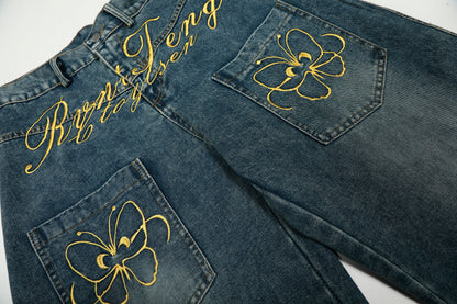 Women's RyntFeng Toysen Gold Script Floral Embroidery Balloon Wide Leg Denim Jeans High Waist Y2K Streetwear Baggy Jean Pants