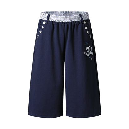 Star Print Number 34 Embroidery Wide Leg Sweat Shorts Plaid Elastic Waist Casual Streetwear Baggy Shorts | Star 34