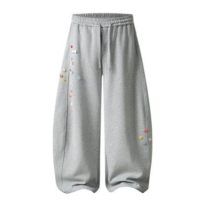 Colorful Button Badge Wide Leg Sweatpants Kawaii Charm Elastic Waist Baggy Fleece Pants Casual Streetwear Balloon Trousers | Button Drop