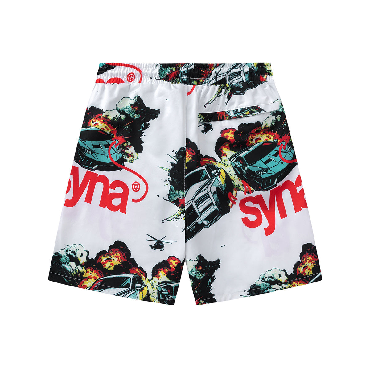 White graphic shorts with colorful cars, explosions, helicopters, elastic waistband, drawstring, and side pockets - view 7