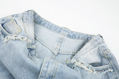Women's Lace Trim Rhinestone Floral Cargo Wide Leg Jeans High Waist Light Wash Casual Streetwear Denim Pants
