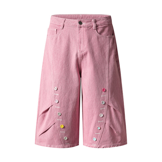 Colorful Button Embellished Wide Leg Denim Shorts Arc Seam Detail High Waist Casual Streetwear Baggy Jean Shorts | Button Row