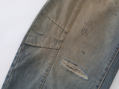 Heavy Ripped Multi-Panel Barrel Wide Leg Jeans Earth Tone Mud Wash Distressed Arc Seam High Waist Baggy Denim Trousers | Rip Arc