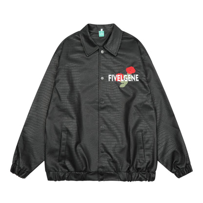 Oversized Rose Embroidery Coach Jacket Snap Button Crocodile Texture Streetwear Casual Fall Outerwear