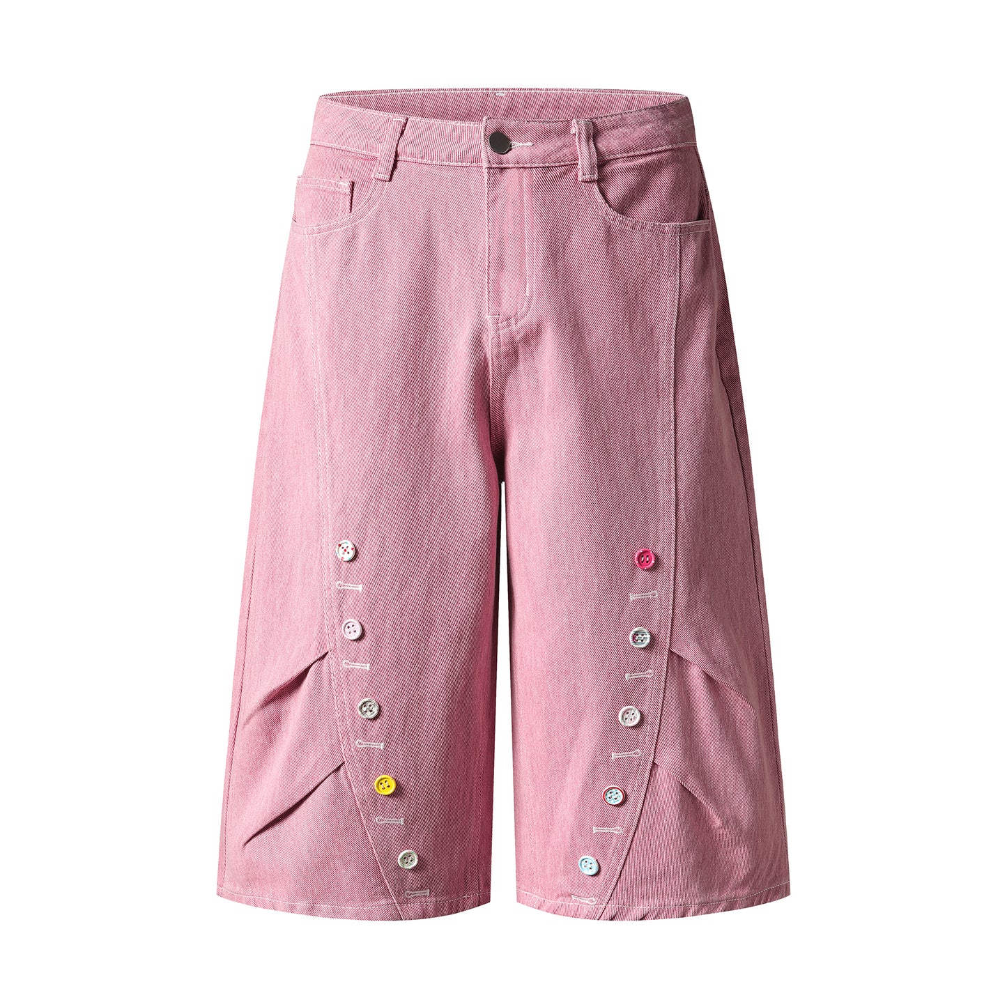 Button Row Wide Leg Denim Shorts - Pink Side Angle