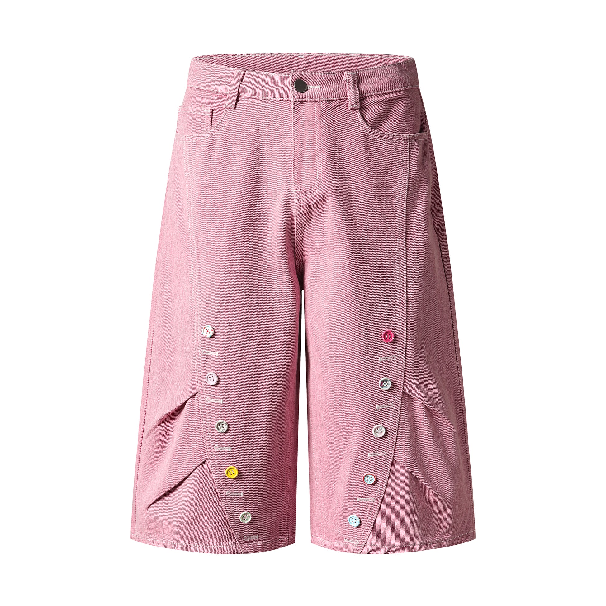 Button Row Wide Leg Denim Shorts - Pink Side Angle